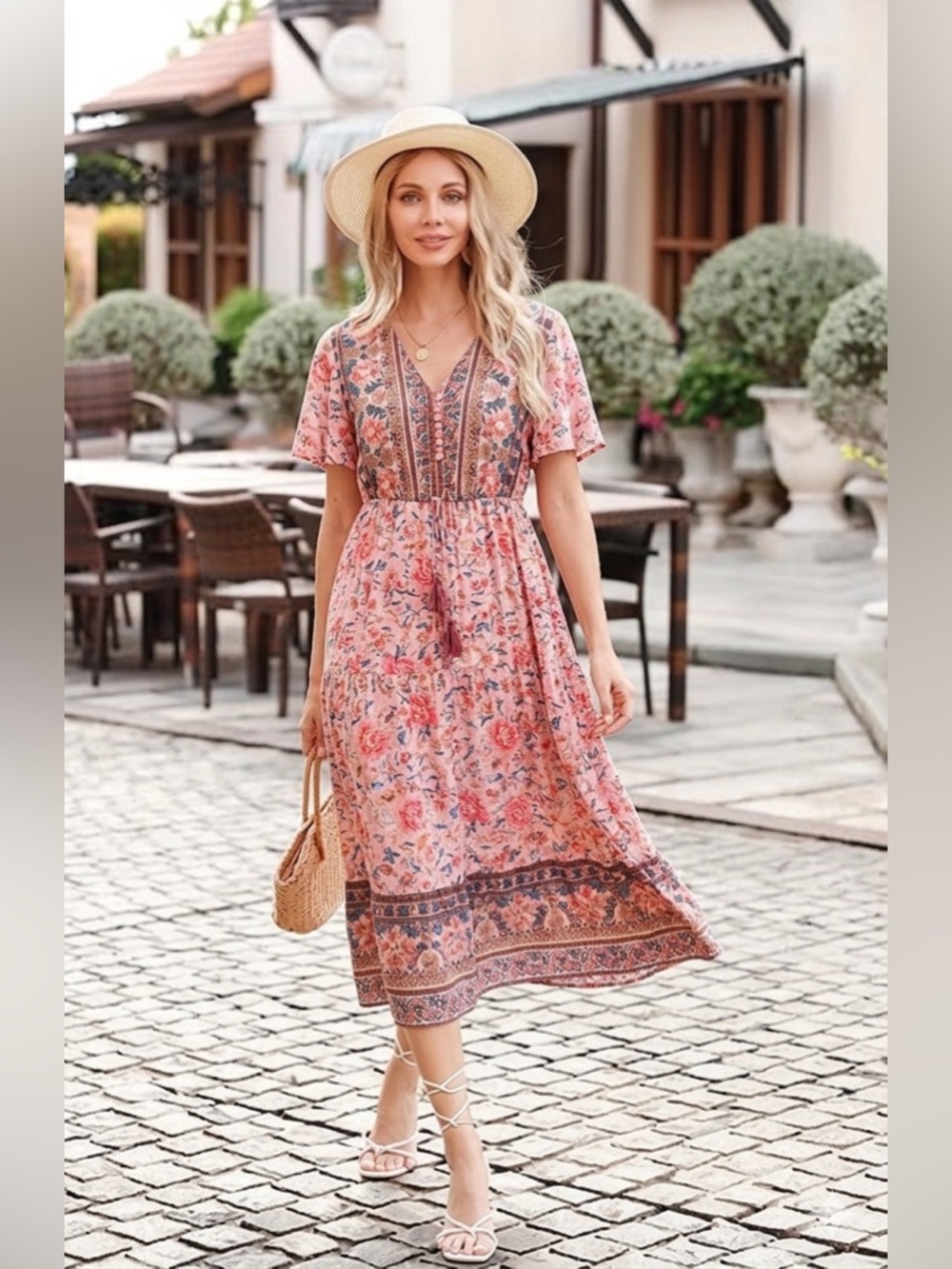 GAOVOT/ Pink Floral Flutter Sleeve Midi Dress Sz L